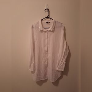White Button-Up Blouse with Embellished Collar